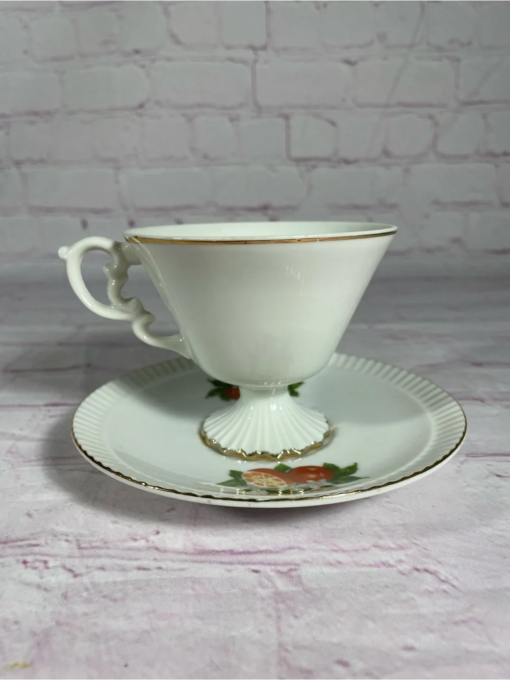 Vintage Florida Oranges Souvenir Footed Teacup and Saucer Set Gold Trim
